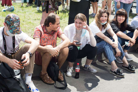 Moscow, Russia - 26.06.2020, People gathered outside court behind police barriers Friday morning. The film director, Kirill Serebrennikov, was convicted of embezzling government grantのeditorial素材