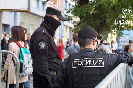 Moscow, Russia - 26.06.2020, People gathered outside court behind police barriers Friday morning. The film director, Kirill Serebrennikov, was convicted of embezzling government grantのeditorial素材