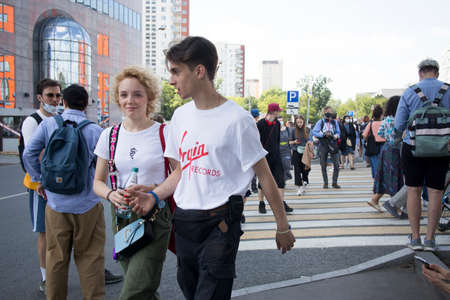 Moscow, Russia - 26.06.2020, People gathered outside court behind police barriers Friday morning. The film director, Kirill Serebrennikov, was convicted of embezzling government grantのeditorial素材