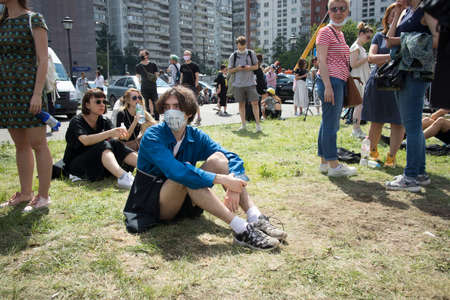 Moscow, Russia - 26.06.2020, People gathered outside court behind police barriers Friday morning. The film director, Kirill Serebrennikov, was convicted of embezzling government grantのeditorial素材