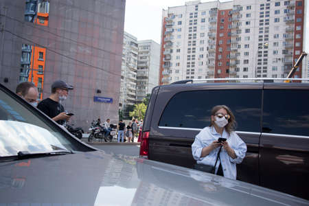 Moscow, Russia - 26.06.2020, People gathered outside court behind police barriers Friday morning. The film director, Kirill Serebrennikov, was convicted of embezzling government grantのeditorial素材