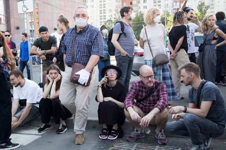 Moscow, Russia - 26.06.2020, People gathered outside court behind police barriers Friday morning. The film director, Kirill Serebrennikov, was convicted of embezzling government grantのeditorial素材