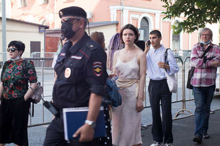 Moscow, Russia - 26.06.2020, People gathered outside court behind police barriers Friday morning. The film director, Kirill Serebrennikov, was convicted of embezzling government grantのeditorial素材