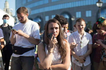 Moscow, Russia - 26.06.2020, People gathered outside court behind police barriers Friday morning. The film director, Kirill Serebrennikov, was convicted of embezzling government grantのeditorial素材