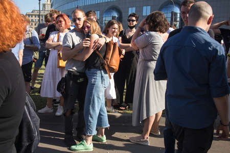Moscow, Russia - 26.06.2020, People rejoice at the announcement of the verdict. The film director, Kirill Serebrennikov, was convicted of embezzling government grantのeditorial素材