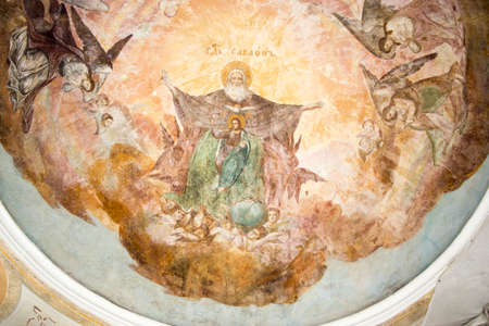 UGLICH, Russia, - 26 July 2020, Transfiguration Cathedral. Cathedral is main temple of City, Fresco on the ceiling in front of the church entranceのeditorial素材