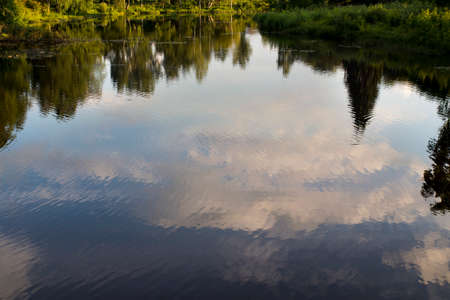Reflections of clouds in a village pond overgrown with trees