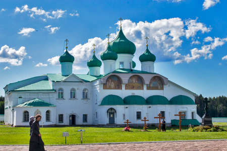 Russia, Leningrad region on August 12, 2020. The Holy Trinity Alexander Svirsky male monastery in the village of Old Sloboda.のeditorial素材