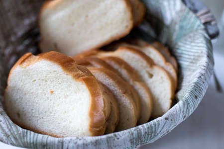 Sliced loaf of bread in a wicker basket close up
