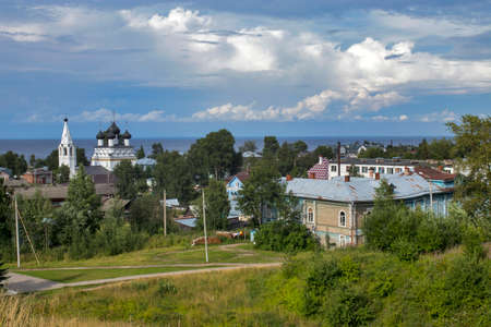 BELOZERSK, RUSSIA - 03 August 2020, The Church of the Savior. Belozersk town panorama with old wooden buildings and Russian Orthodox churchのeditorial素材