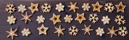 Top above high angle closeup overhead view of nice christmas decoration. Gingerbread cookies in the...
