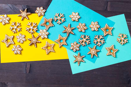 Top above high angle closeup overhead view photo of nice beautiful christmas decoration lying on...