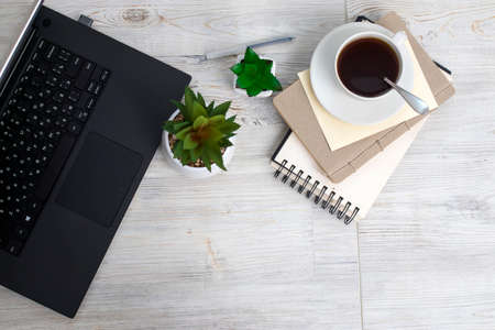 Office desk wood table of Business work place, notebook, artificial plant and coffee cup with copy...