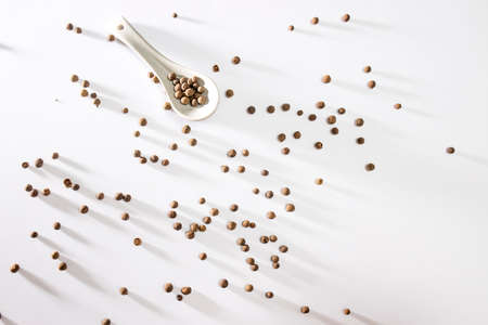 Black peppercorns on white with long shadows. Black peppercorns in a spoon and a bowl. Place for textの写真素材