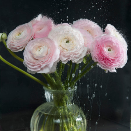 bouquet of pink Persian buttercups on a black background filmed through the wet glass with drops....