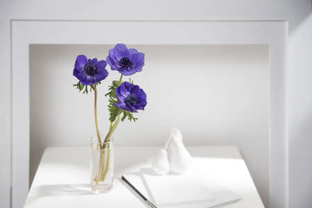 Bouquet of blue anemone in the vase on a white coffee table next to the fake fireplace. Shadow. Figurine of pears on a notebookの写真素材