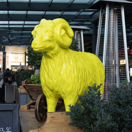 London, UK - 20 September 2020, Sculpture of a green ram decorating the food hall at Spitalfields marketのeditorial素材