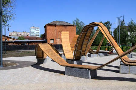 Yegoryevsk, Moscow region, Russia - 19 May, 2021, A modern embankment equipped with sun loungers in...