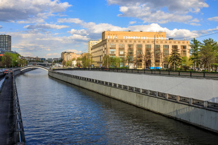 Moscow, Russia - 08 May, 2021, Library of Foreign Literature. View from the canalのeditorial素材