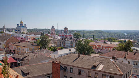 Yelets, Lipetsk region, Russia - June 17, 2021, View from the bell tower to the central part of the old merchant town, house and churchのeditorial素材
