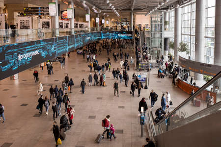 Moscow, Russia - 03 05 2021: Moscow Domodedovo Airport, this is one of the largest airports in Russia. People in medical masks are waiting for the plane to take off.のeditorial素材