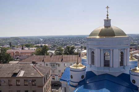 Yelets, Lipetsk region, Russia - June 17, 2021, View from the bell tower to the central part of the old merchant town, house and churchのeditorial素材
