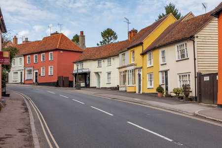 Dunmow, Essex, UK - September 2019, Great Dunmow is an ancient market town in north-west Essex. Traditional English old street with two-story colorful cottages and tiled roofsのeditorial素材