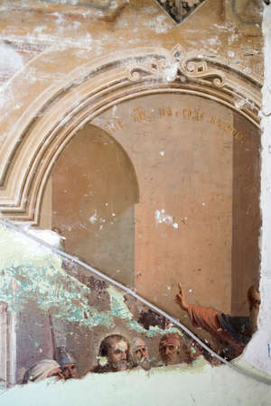 Serpukhov, Russia - June 18, 2021: Preserved frescoes on the wall at the entrance to the Raspyatskiy Cathedralのeditorial素材