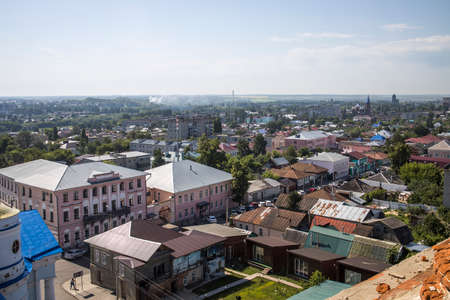 Yelets, Lipetsk region, Russia - June 17, 2021, View from the bell tower to the central part of the...