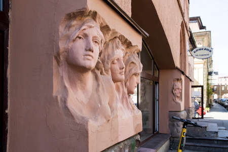 Saint Petersburg, Russia - 9 August 2021, House of Nikolaevs at 25 Sadovaya Street with bas-reliefs of women in the Art Nouveau styleのeditorial素材