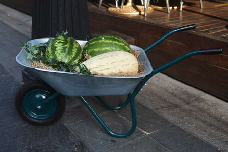 Trolley with watermelons and melons at the entrance to the marketの写真素材