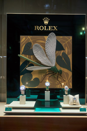 Moscow, Russia - 31 August, 2021, Advertising of Rolex watches in the window of a watch store in GUM.のeditorial素材