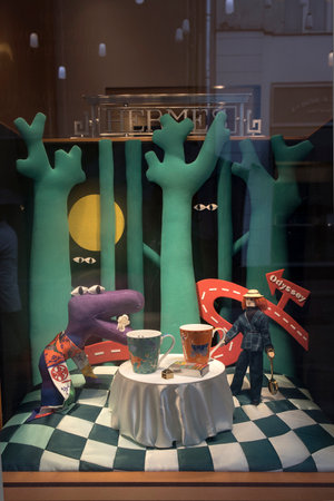 Moscow, Russia - 21 September, 2021 Hermes fashion showcases, decorated with toy people, rag road,...