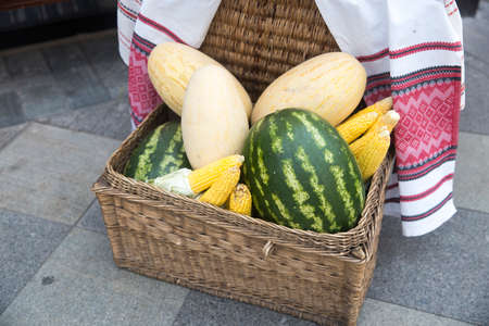 Watermelons, melons, corn cobs in a wicker basket with embroidered towels for sale in the market.の写真素材