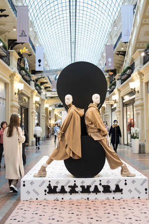 MOSCOW, RUSSIA - October 20, 2021: Show window of Max Mara boutique shop in GUM department store, State Department Store in Moscow city, Russia. Fashion store display. Autumn - seasonal shop windowのeditorial素材