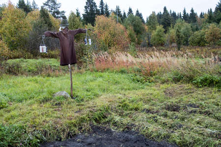 Karelia, Russia - August 2021, A scarecrow at the edge of the garden. An old dress is worn on a stick, beer cans hang around the edges.のeditorial素材
