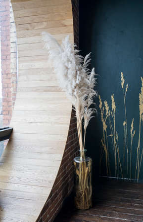 Dried flowers from reeds and tall grass in a tall glass vase against a blue wall in the interiorの写真素材