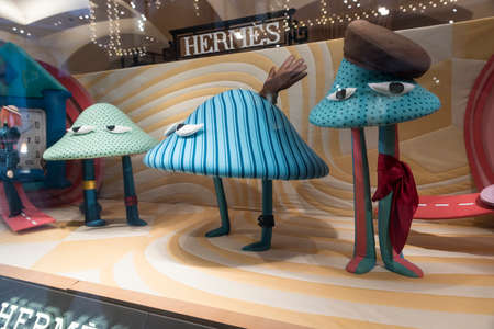 Moscow, Russia - 21 September, 2021 Hermes fashion showcases, decorated with toy people, rag road,...