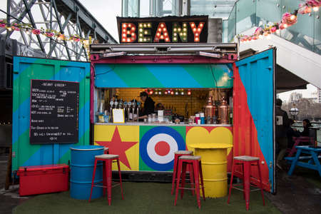 London, UK November 2021, Street food stall, South Bank waterfront cafe Beany green selling coffee...