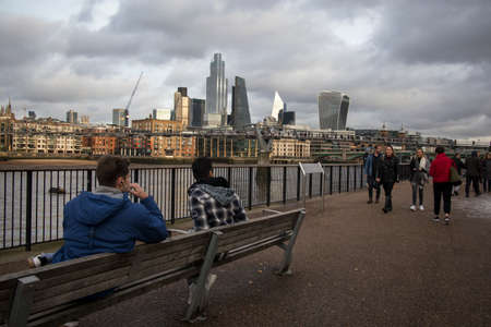 London, UK November 2021, South Bank waterfront view of the Thames and high-rise buildings London Walkie-Talkie skyscraperのeditorial素材
