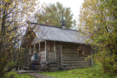 Karelia, Russia - 20 September 2021, A small recently built chapel of St. Jonah of Klimenets on the island of Kizhiのeditorial素材