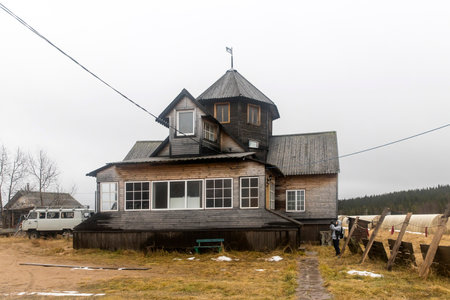 Murmansk region, Russia - 01 November 2021, Orthodox wood chirch in Varzuga, Russia, Oblast Murmansk, Kola, Varzugaのeditorial素材