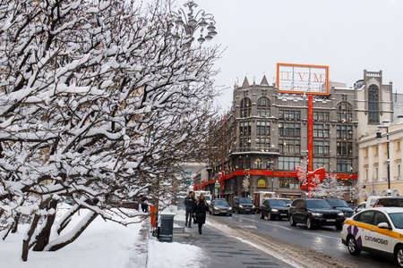 Moscow, Russia - 20 December 2021, Journey to Christmas Festival 2020 in Moscow city, Russia. New Year decor, Christmas decoration on Kuznetsky Most street. New Year fir-tree near TSUM. Holiday moodのeditorial素材
