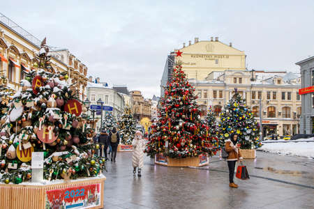 Moscow, Russia - 20 December 2021, Journey to Christmas Festival 2020 in Moscow city, Russia. New Year decor, Christmas decoration on Kuznetsky Most street. New Year fir-tree near TSUM. Holiday moodのeditorial素材