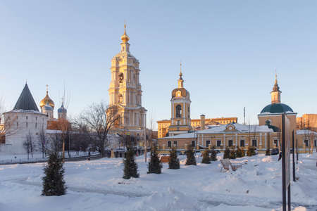Moscow, Russia, - 10 January 2021, Novospassky Monastery in the winter. Bible scene on Christmas...