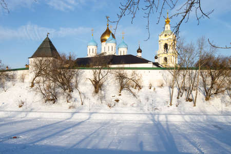 Moscow, Russia - January, 2022, The domes of the Novospassky monastery against the a blooming spiraea. New monastery of the Saviour, is one of the fortified monasteries surrounding Moscow from south-east.のeditorial素材
