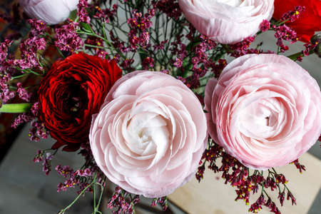 Bouquet of red and pink Persian buttercups on a white table. Scandinavian style. Place for textの写真素材