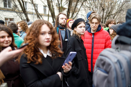 Moscow, Russia - 12 April 2022, People came to the court to support the arrested students in the case Doxa.のeditorial素材