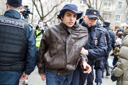 Moscow, Russia - 12 April 2022, People came to the court to support the arrested students in the...