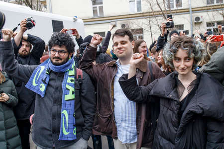 Moscow, Russia - 12 April 2022, Journalists of magazine Doxa Aramyan, Metelkin, Gutnikova, Tyshkevich sentenced to two years of correctional laborのeditorial素材
